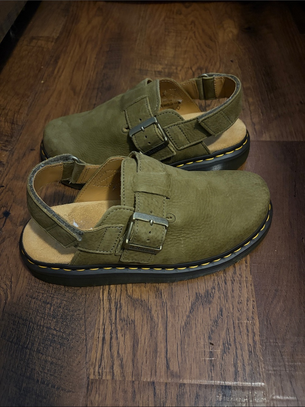 Women’s Olive Green Suede Buckle Dr Martens Mules